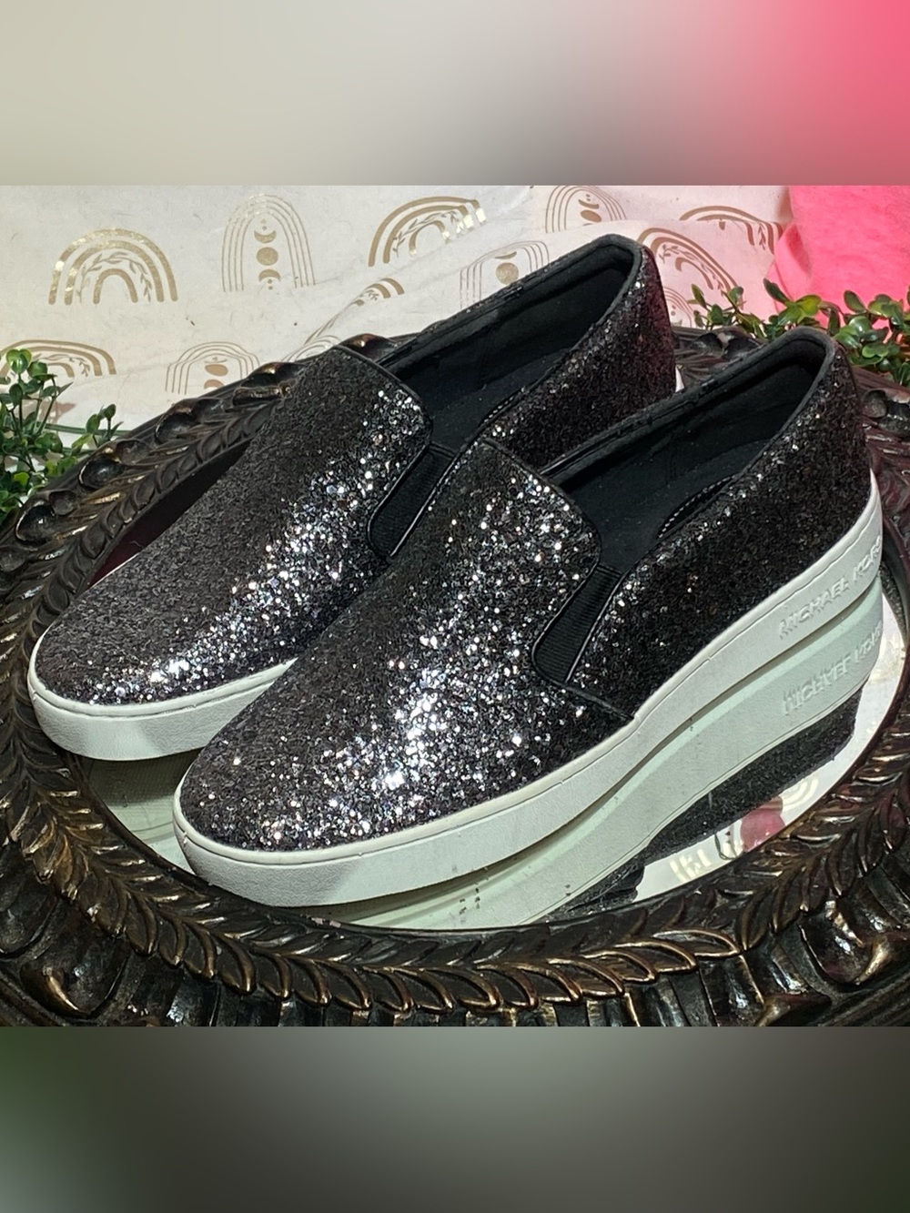 Michael Kors Glitter Slip-On Platform Sneakers in Black